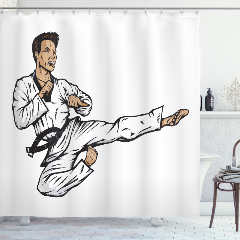 Senpai with Black Belt Kick Shower Curtain