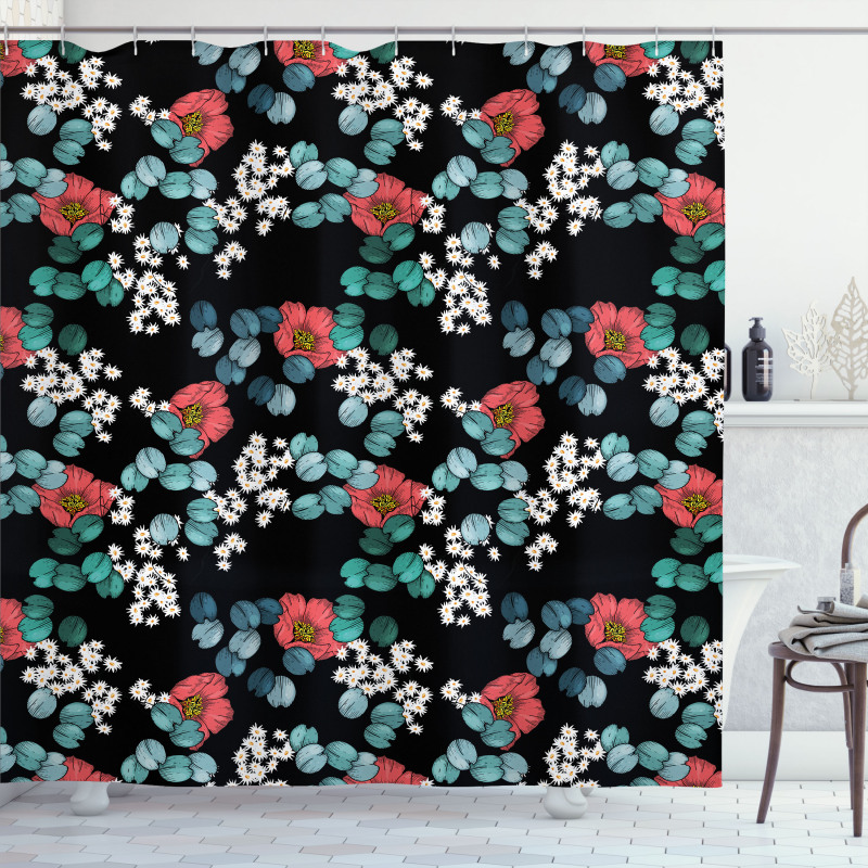 Peony Daisy and Leaves Art Shower Curtain