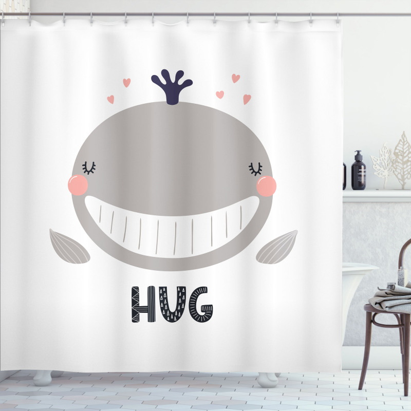 Cheerful Whale Hug Lettering Shower Curtain