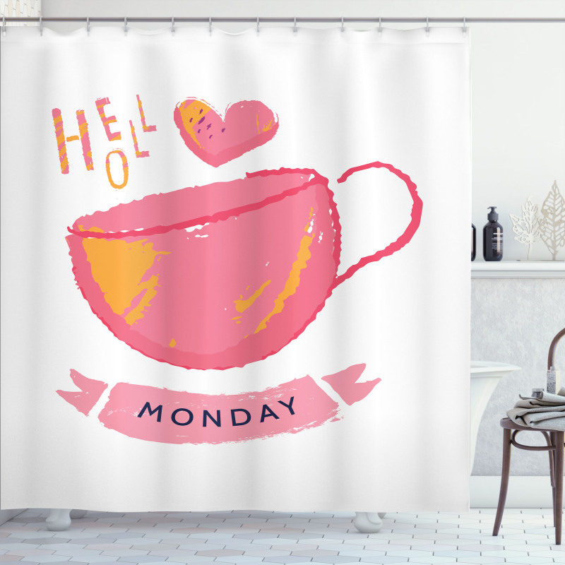 Hello Monday Text and a Mug Shower Curtain