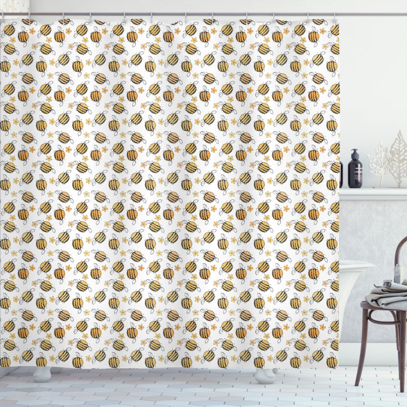 Hand Drawn Flowers Bees Shower Curtain