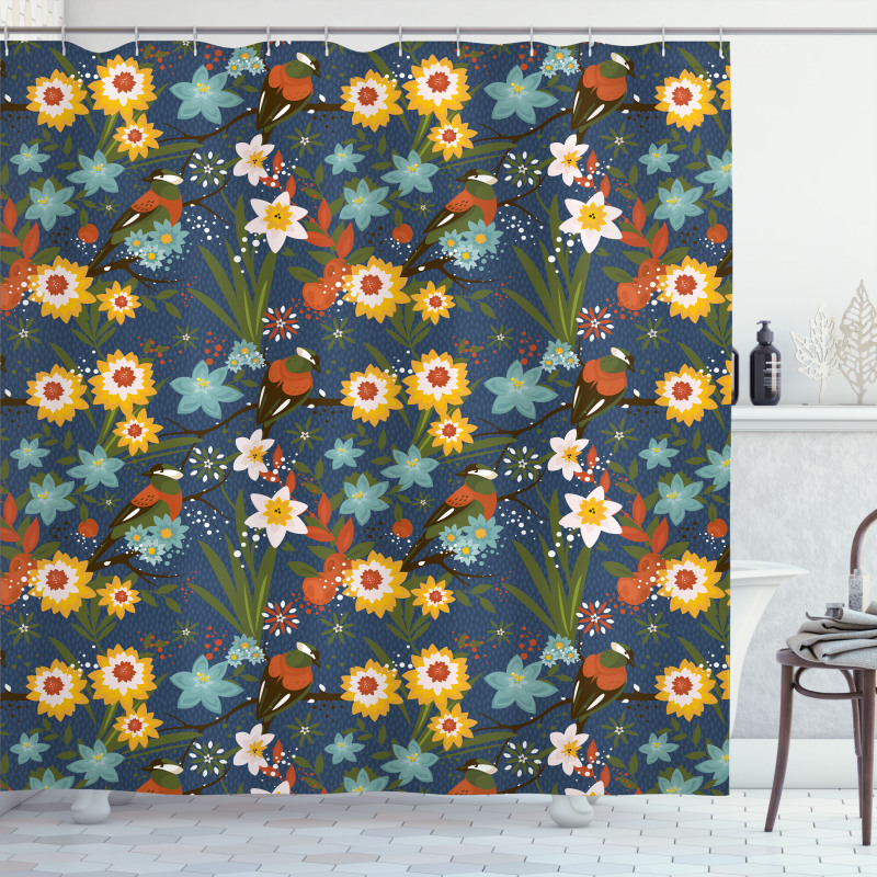 Vintage Birds Blossoms Art Shower Curtain