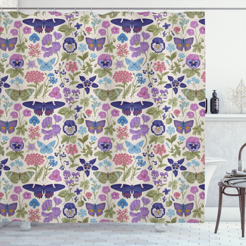 Butterfly Pansy Flower Leaf Shower Curtain