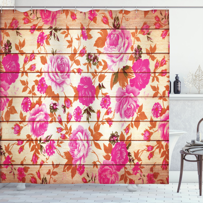 Roses on Wood Backdrop Shower Curtain