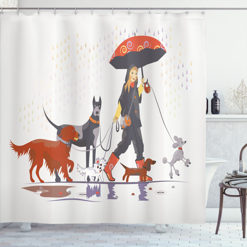 Girl with Dogs in Rain Shower Curtain