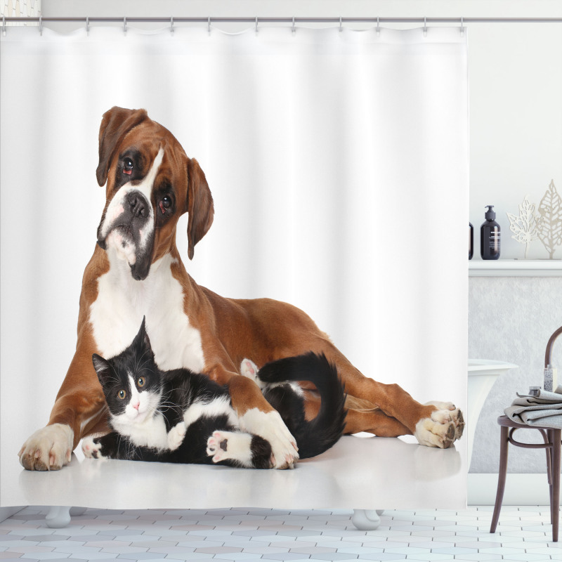 Cat Dog Friends Portrait Shower Curtain