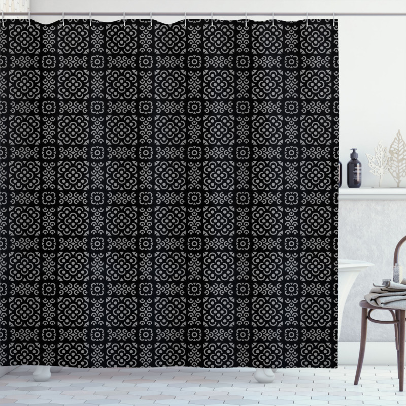 Geometrik Duş Perdesi Klasik Damask Viktorya Karo Çiçek Motifi 