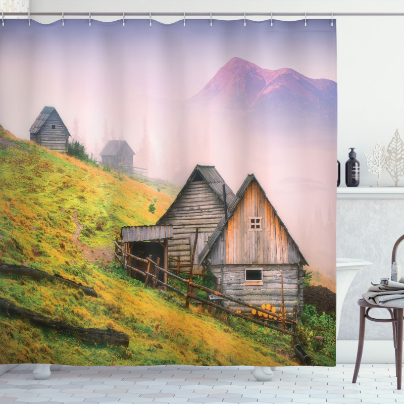 Wooden Houses Mountain Shower Curtain