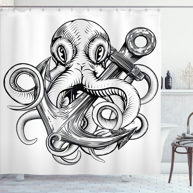 Octopus Ship Sketch Shower Curtain
