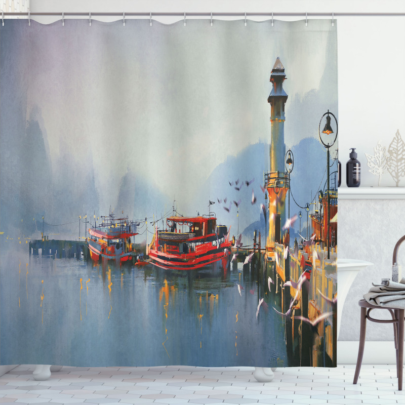 Harbor Boats and Birds Shower Curtain