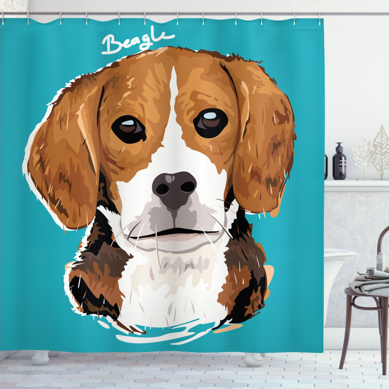 Beagle Duş Perdesi Karikatür Çizim Hayvan Başı Portresi Deseni