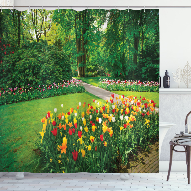 Garden with Tulips Trees Shower Curtain