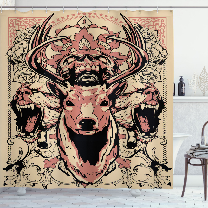 Floral Skull and Wolves Shower Curtain
