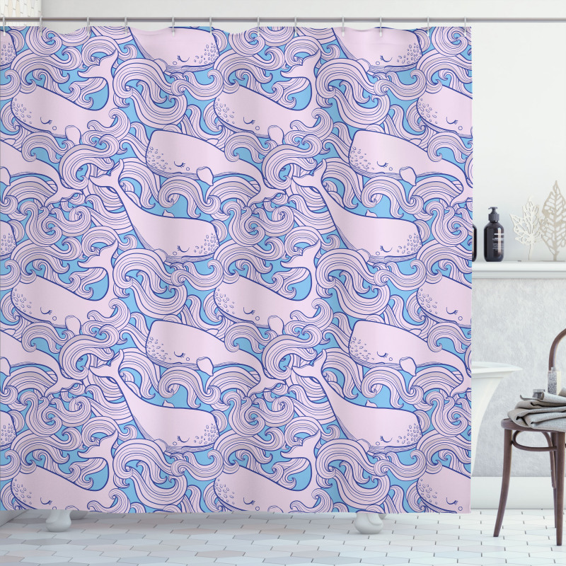 Wavy Motifs and Happy Fish Shower Curtain