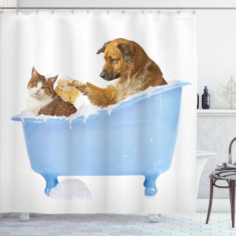 Dog and Cat in Bathtub Shower Curtain