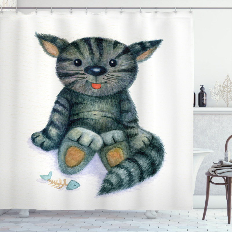 Cat Cartoon Fish Skeleton Shower Curtain