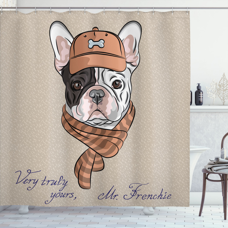 Hipster Bulldog with Cap Scarf Shower Curtain