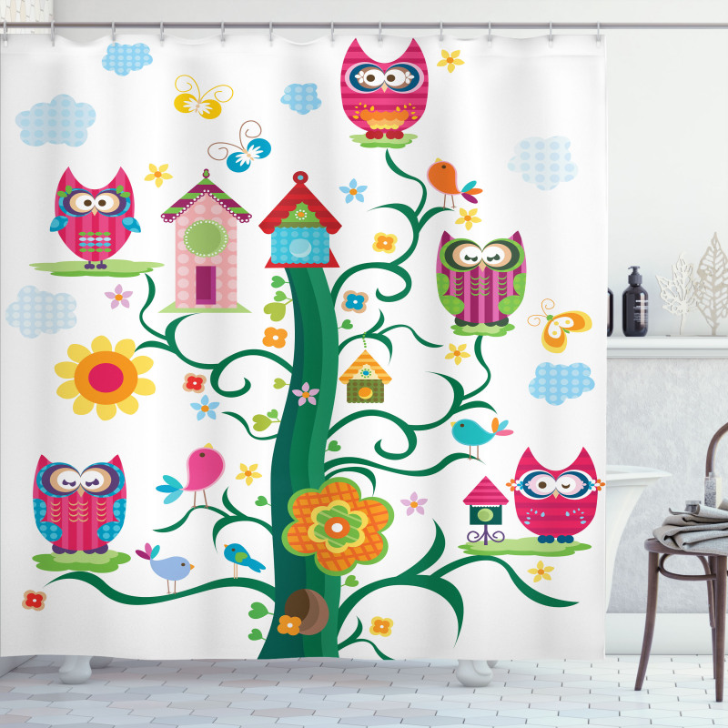 Owls on Tree with Dots Shower Curtain