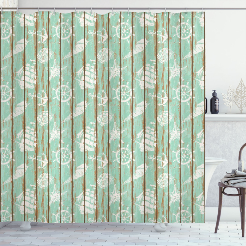 Mint Seashell Sailing Shower Curtain