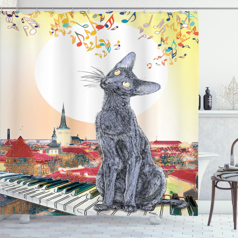 City Skyline Kitty Piano Shower Curtain