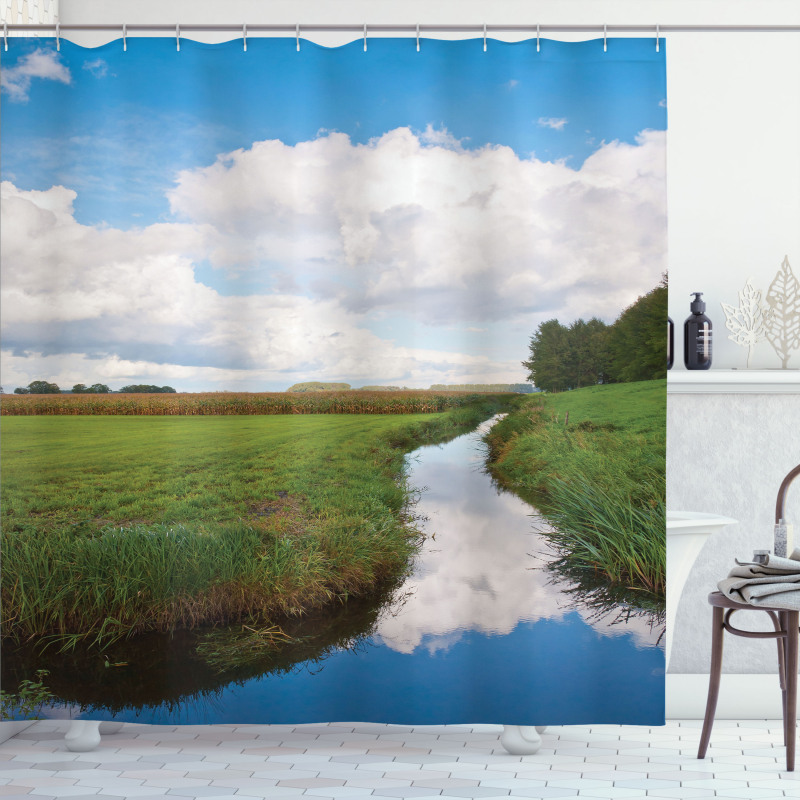 Calm River Meadow Trees Shower Curtain