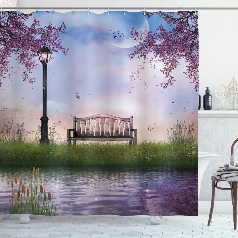 Bench Flowing River Moon Shower Curtain