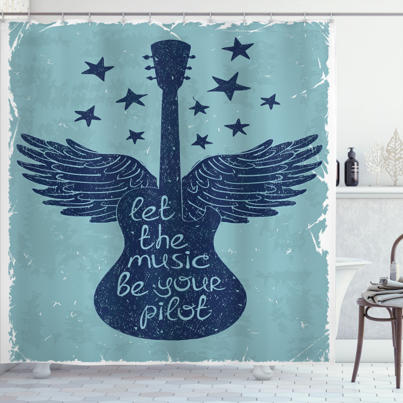 Music Guitar Wings Blue Shower Curtain