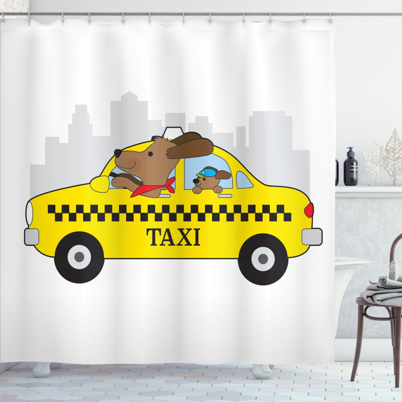 Taxi Duş Perdesi Sevimli Köpekler Şehir Arası Yolculuk Teması