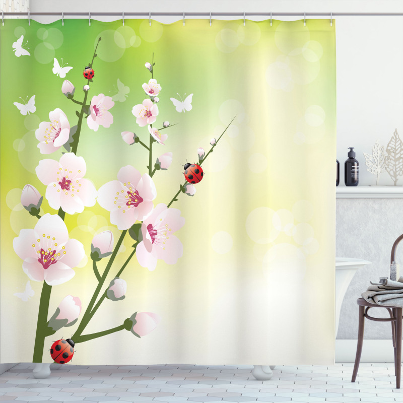 Blossoms Ladybugs Spring Shower Curtain