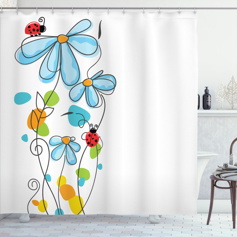 Cartoon Ladybugs Flowers Shower Curtain