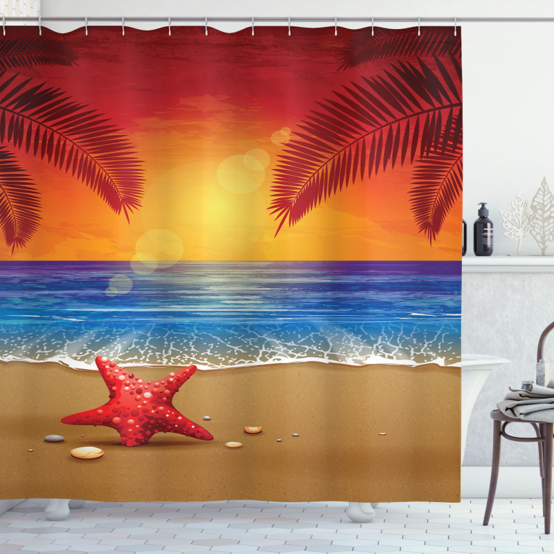 Cartoon Ocean Beach Palm Shower Curtain