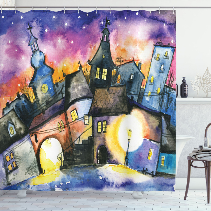 Town Night Watercolor Shower Curtain