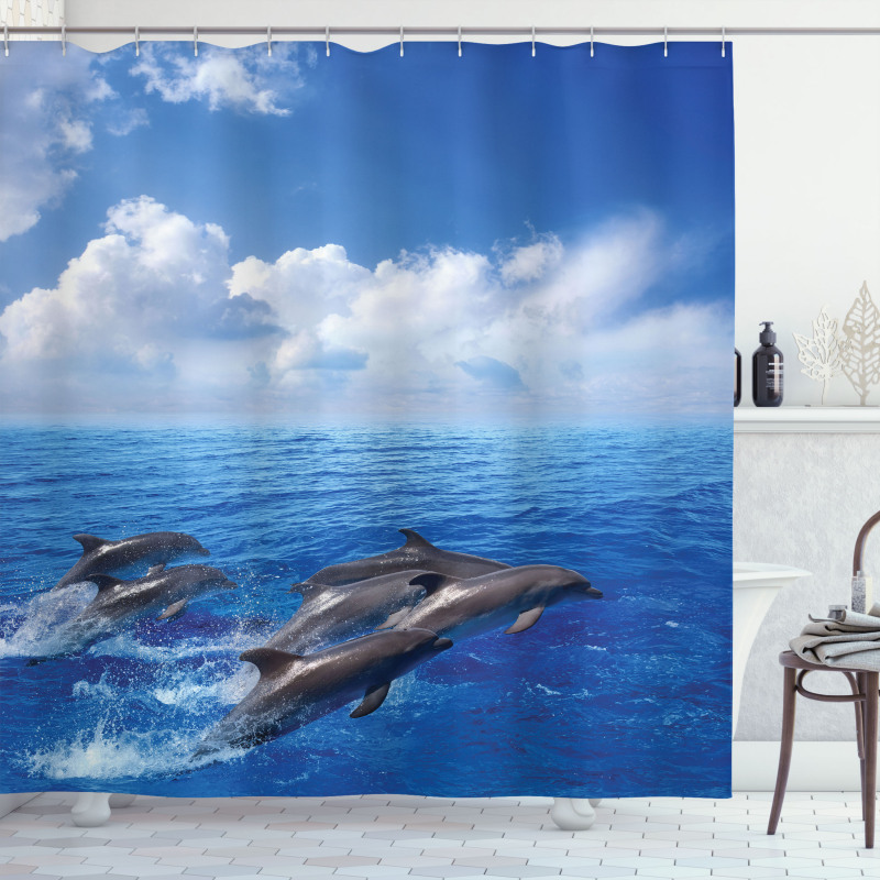 Jumping Dolphins in Sky Shower Curtain