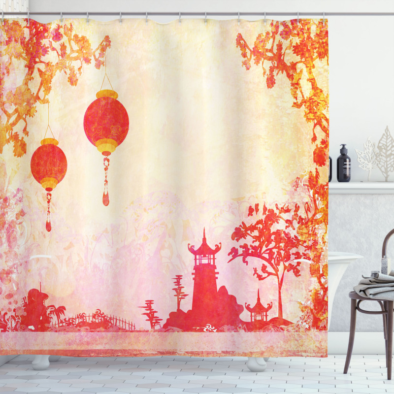 Chinese Lanterns Building Shower Curtain