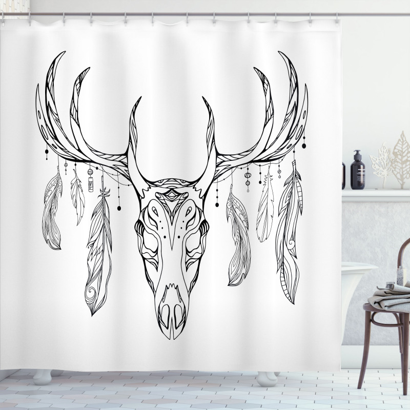 Skull with Antler Feather Shower Curtain
