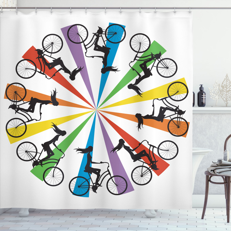 Lady on Bike Rainbow Shower Curtain