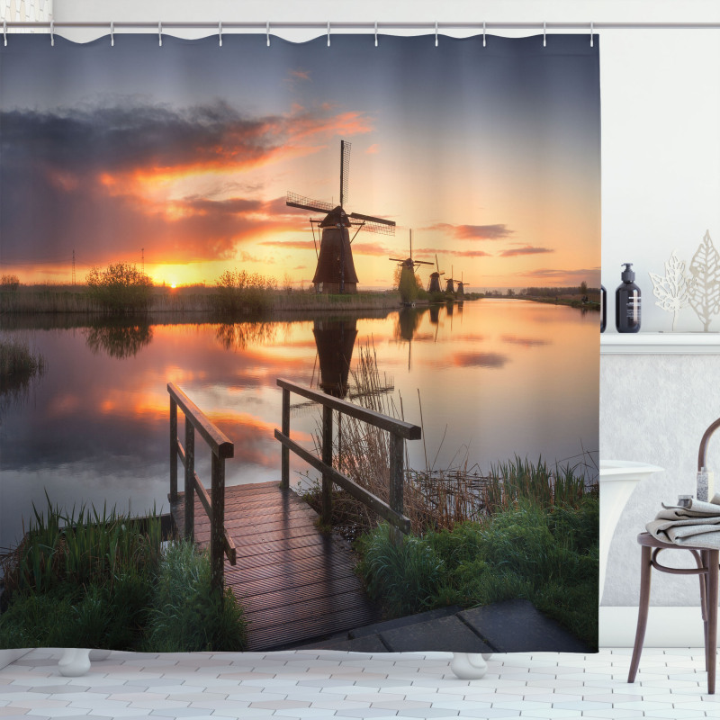 Dutch Windmill River Shower Curtain