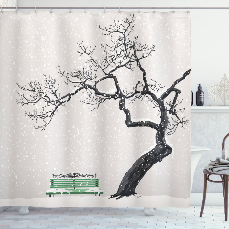 Retro Bench and Tree Shower Curtain