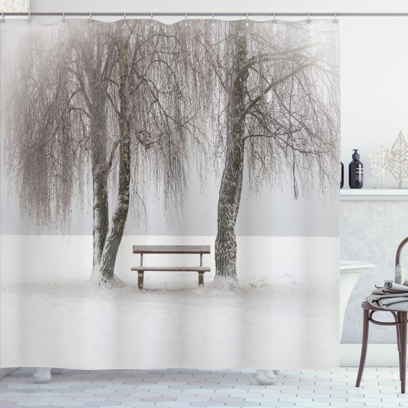 Bench Trees Snowflakes Shower Curtain