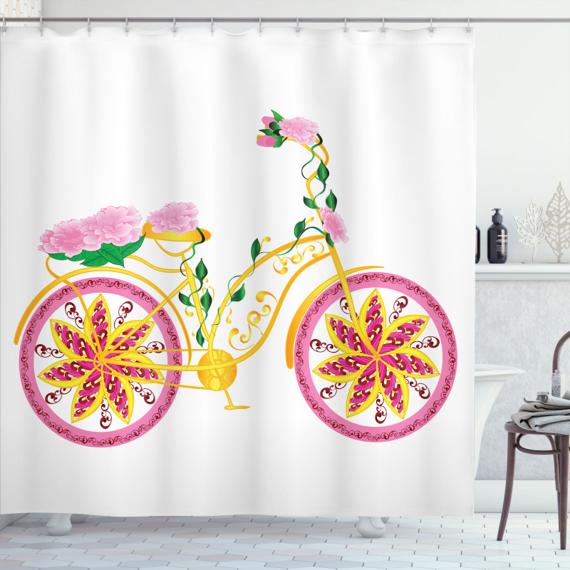 Pink Bike Floral Ornament Shower Curtain