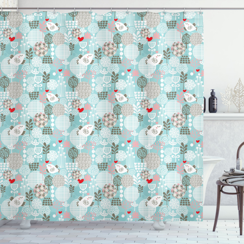 Birds Hearts Flowers Shower Curtain