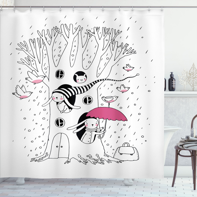 Birds Rabbits Tree Rainy Shower Curtain