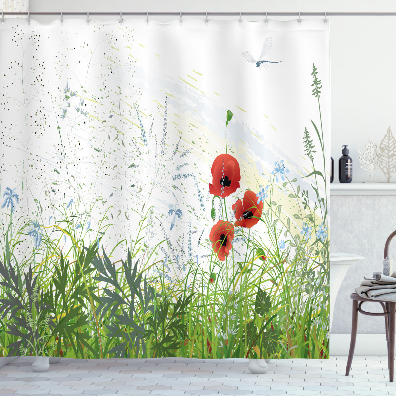 Red Poppies Dragonfly Shower Curtain