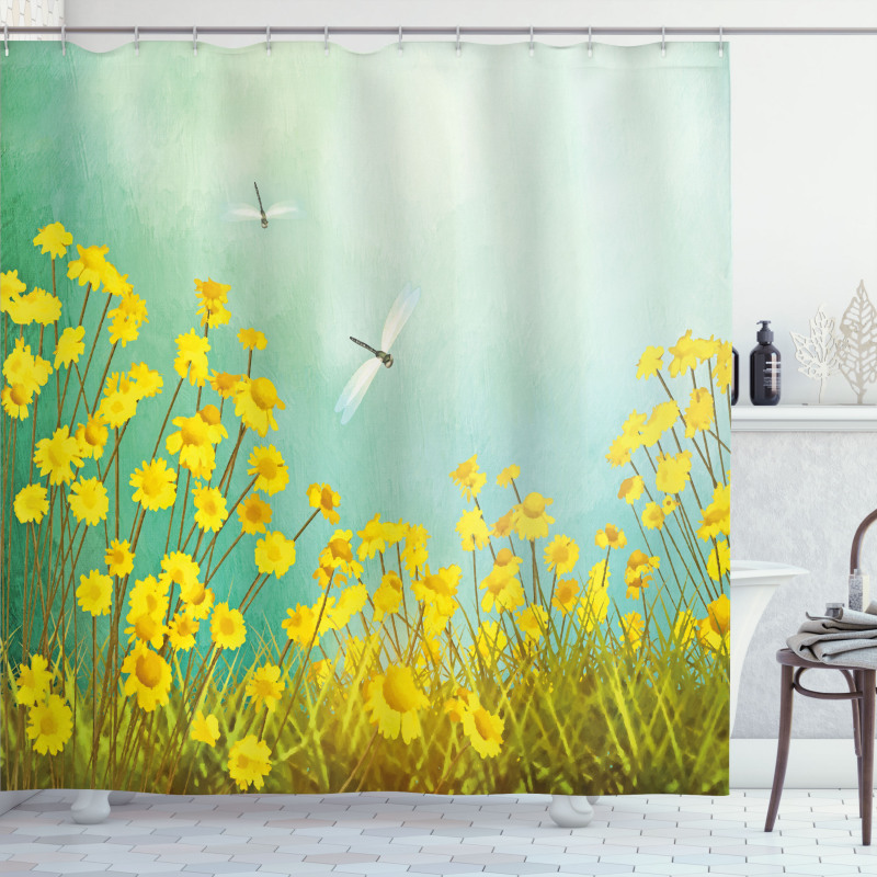 Daisies and Dragonflies Shower Curtain