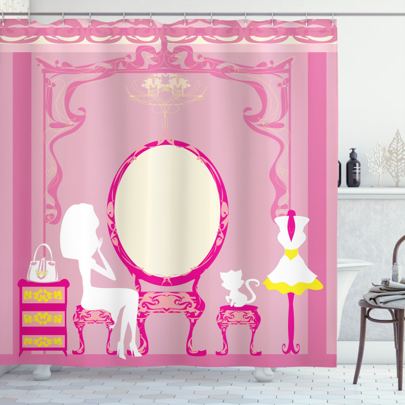 French Lady Cat Mirror Shower Curtain