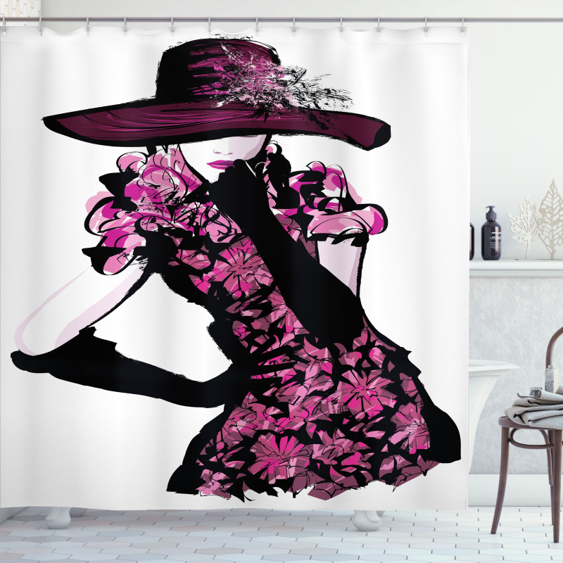 Woman in Floral Dress Shower Curtain