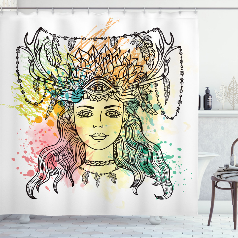 Female Shaman Feathers Shower Curtain