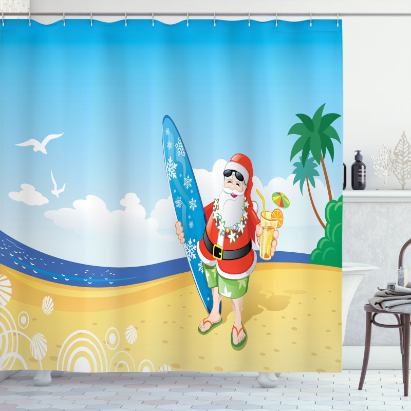 Santa on Beach Surf Shower Curtain