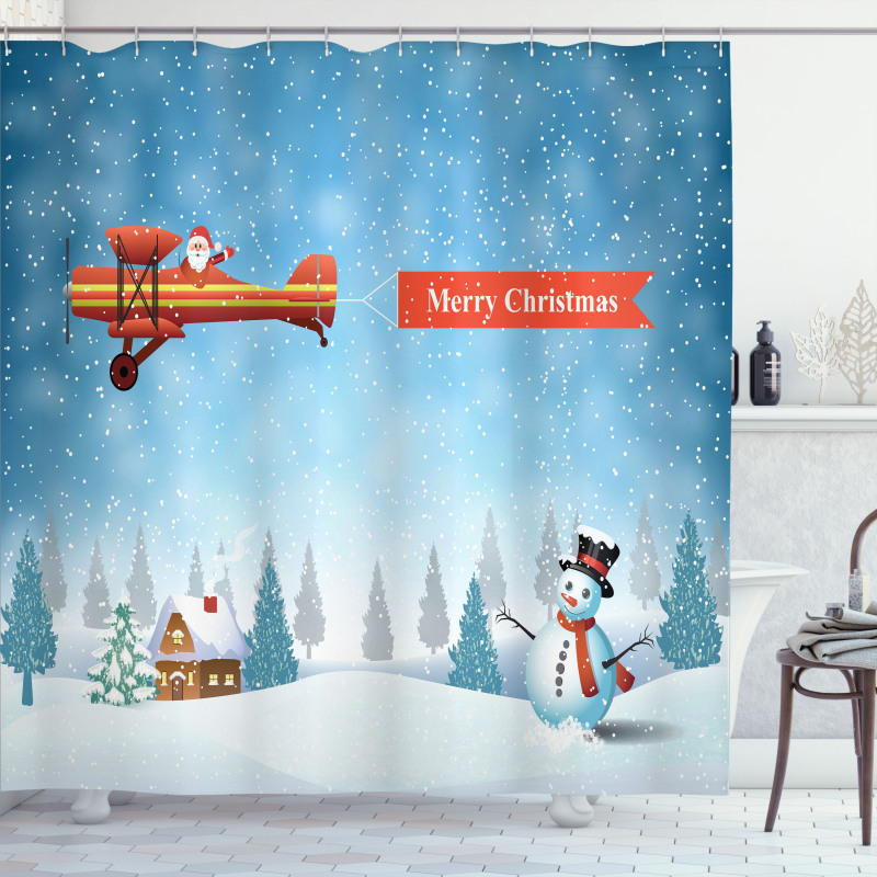 Santa Plane Snowman Shower Curtain