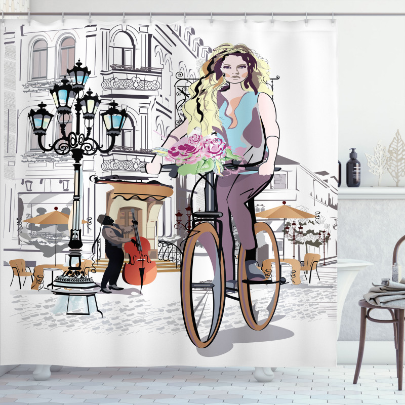 Lady Rides Bicycle Roses Shower Curtain